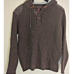 prAna Men’s L Lambswool Hoodie Brown Rib Knit Pullover Elbow Patches Gorpcore